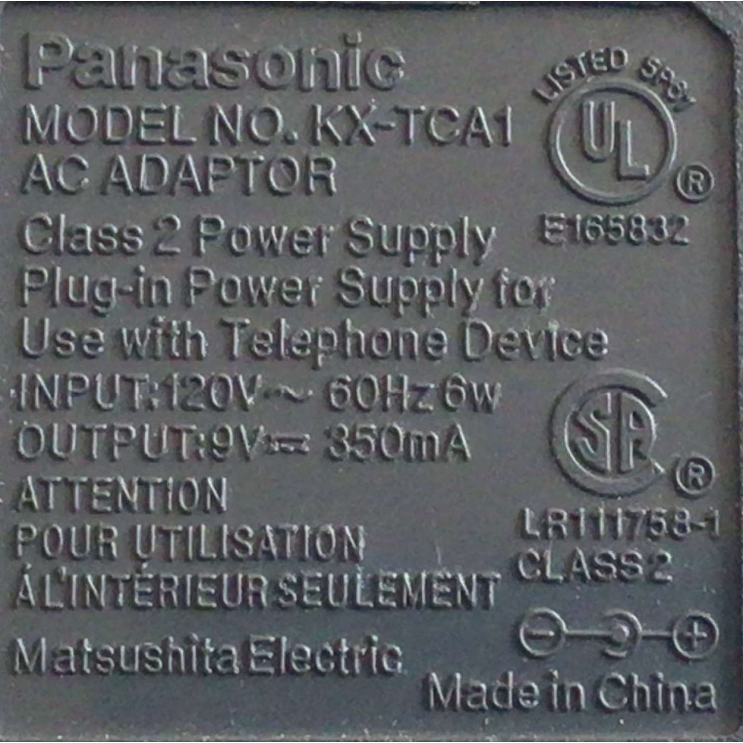 CARGADOR / ADAPTADOR DE FUENTE DE ALIMENTACION PANASONIC AC /  VCA-VCD NUMERO DE PARTE KX-TCA1 / E165832 / ENTRADA VCA 120V~ 60HZ 6W / SALIDA VCD 9V 350MA / MODELO KX-TCA1 - Imagen 3